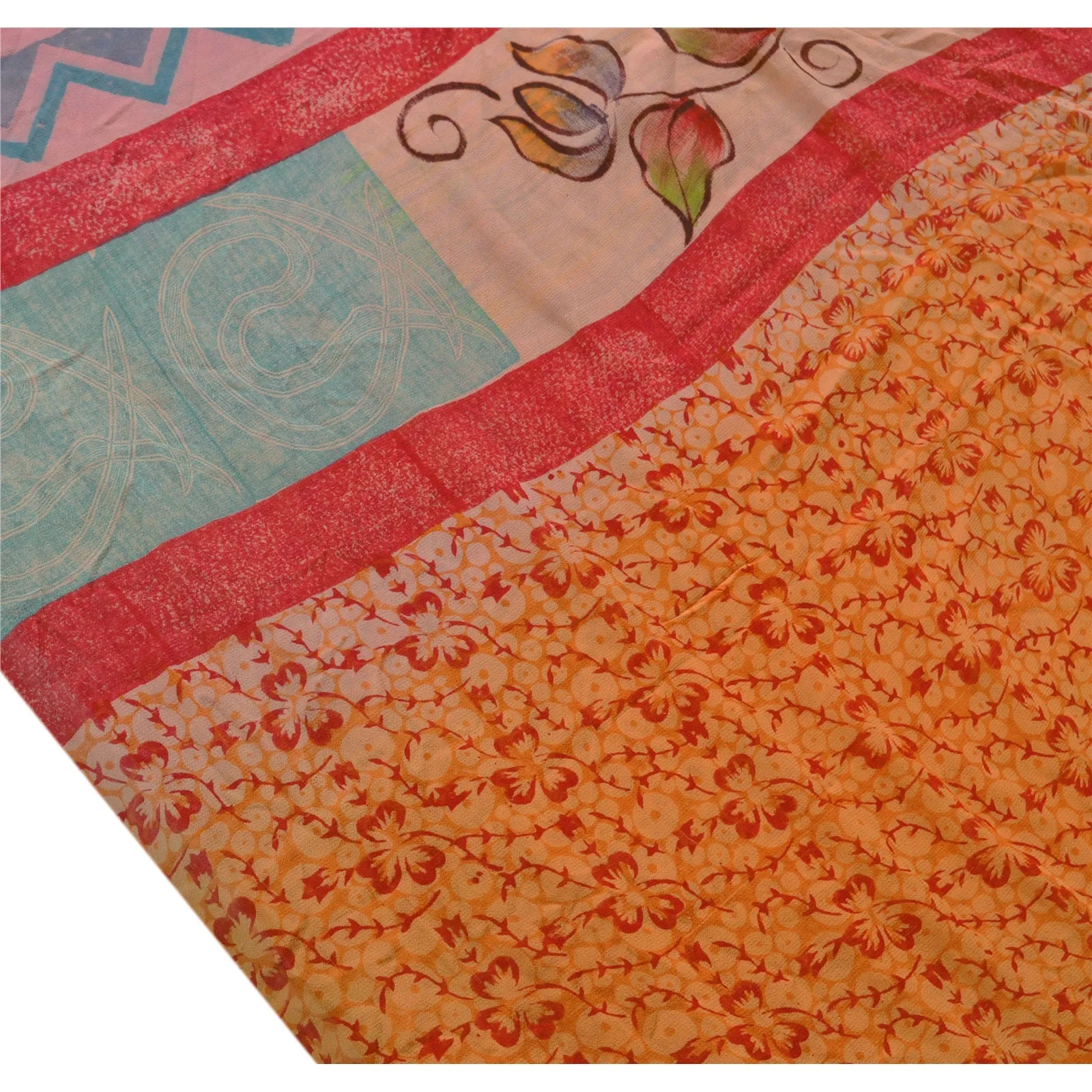 Sanskriti Vintage 100% Pure Georgette Silk Saree Orange Printed Sari Craft Dress Fabric