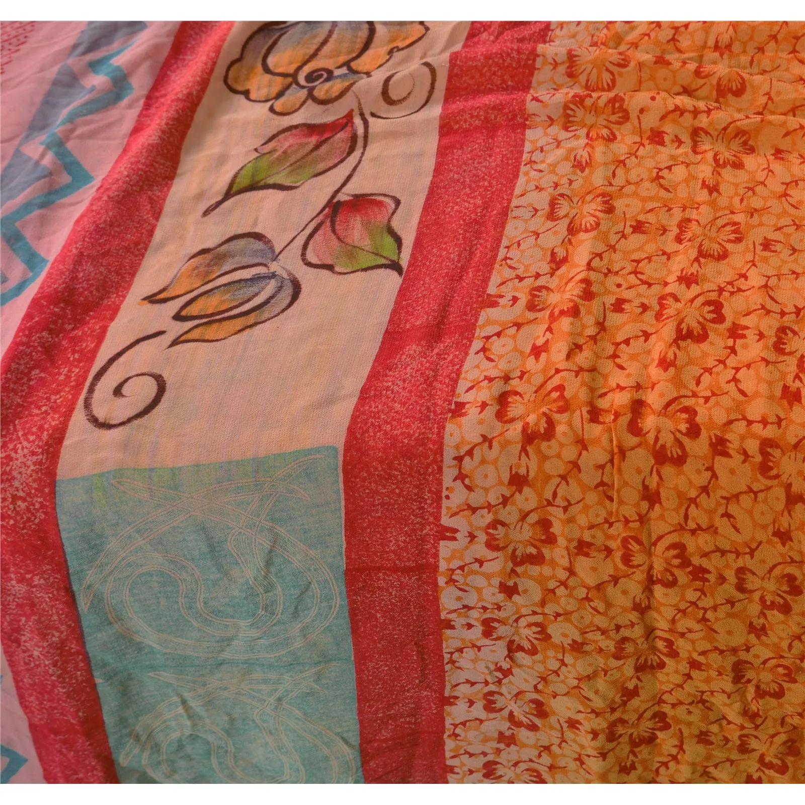 Sanskriti Vintage 100% Pure Georgette Silk Saree Orange Printed Sari Craft Dress Fabric