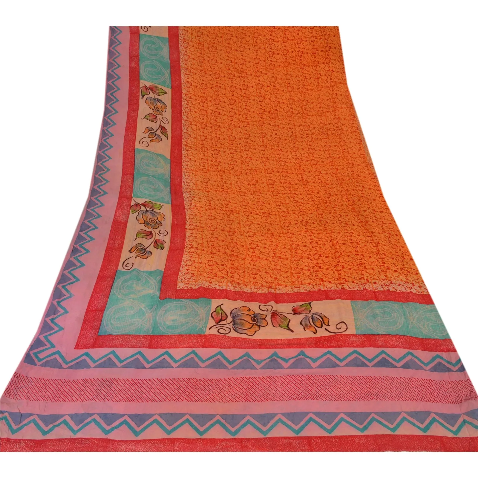 Sanskriti Vintage 100% Pure Georgette Silk Saree Orange Printed Sari Craft Dress Fabric