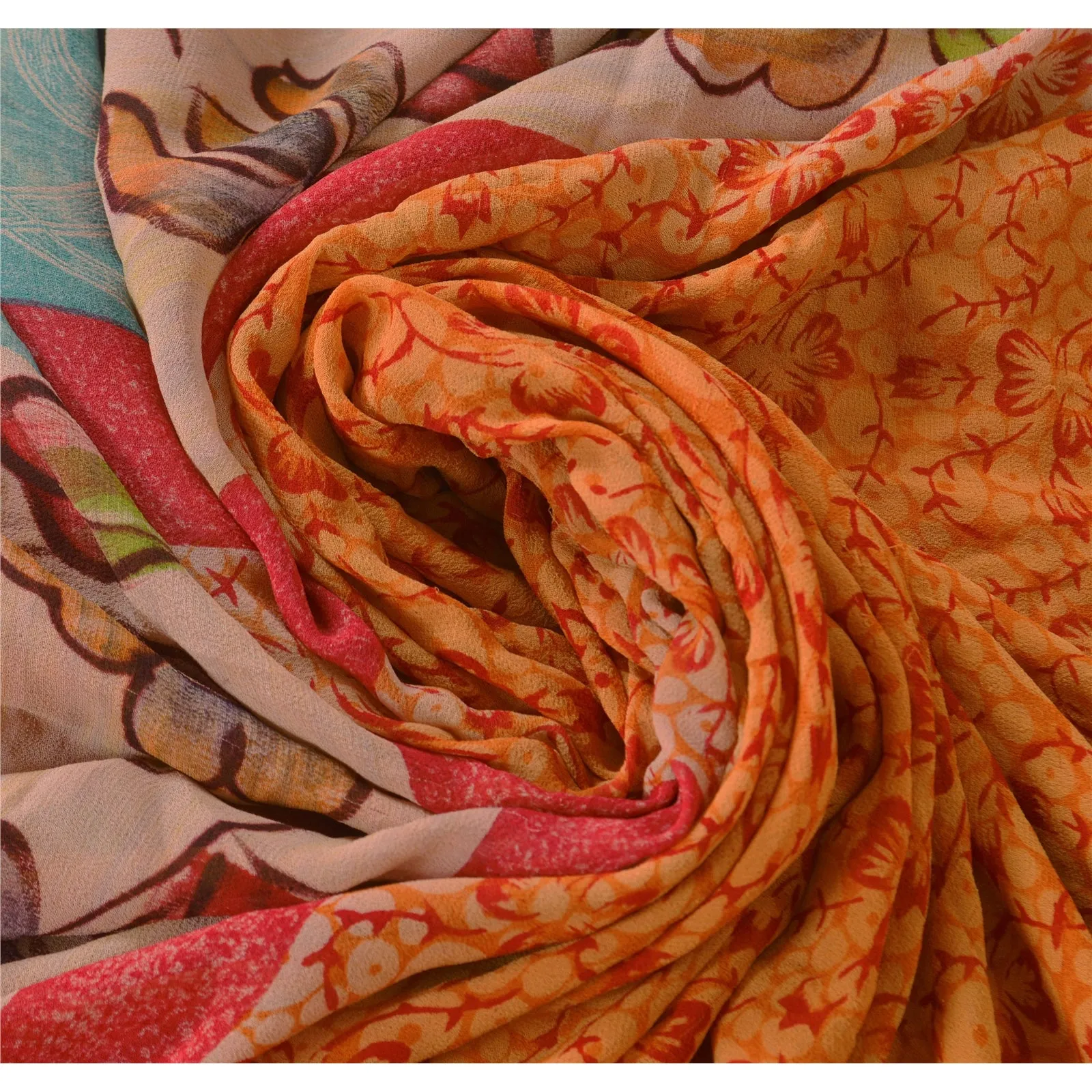 Sanskriti Vintage 100% Pure Georgette Silk Saree Orange Printed Sari Craft Dress Fabric