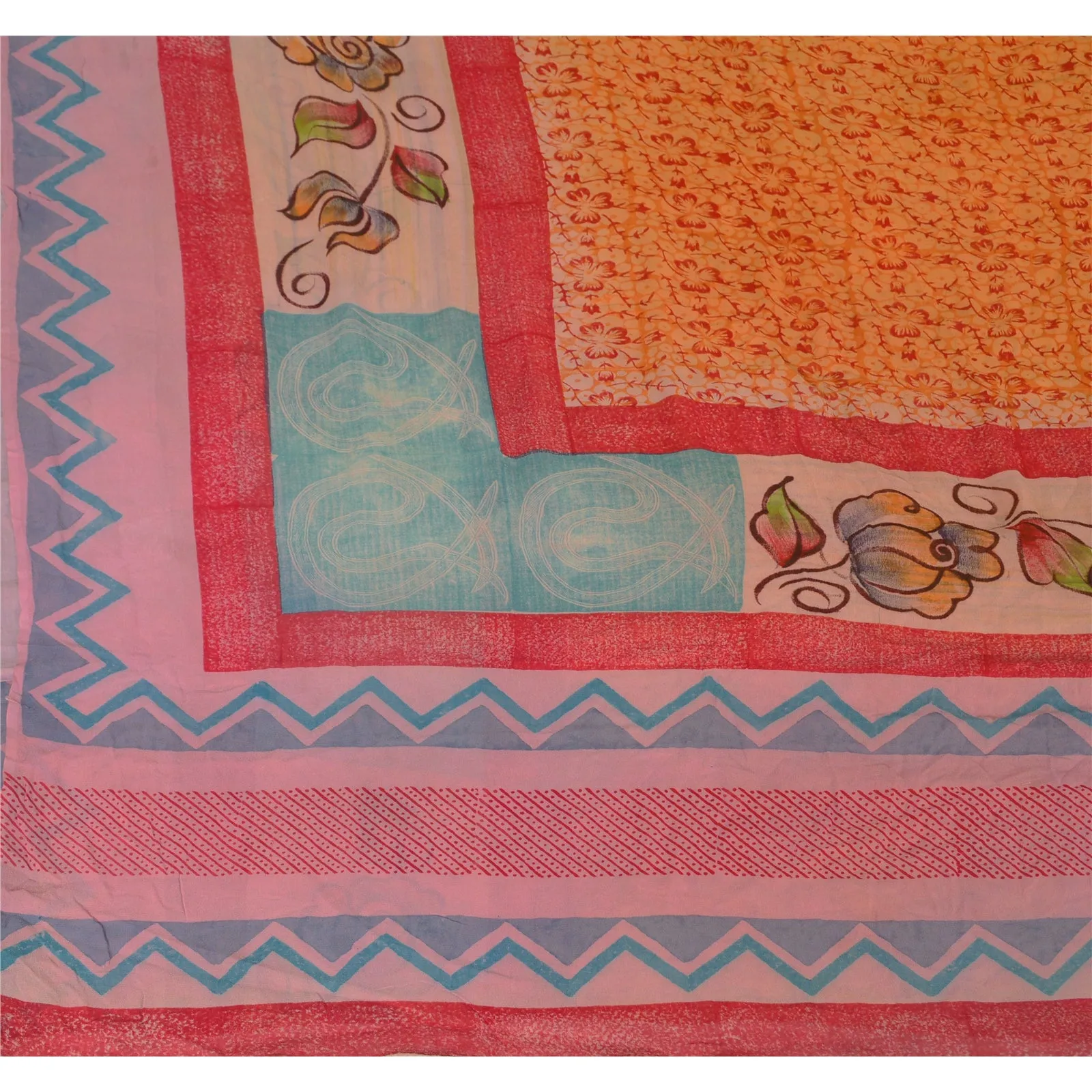 Sanskriti Vintage 100% Pure Georgette Silk Saree Orange Printed Sari Craft Dress Fabric