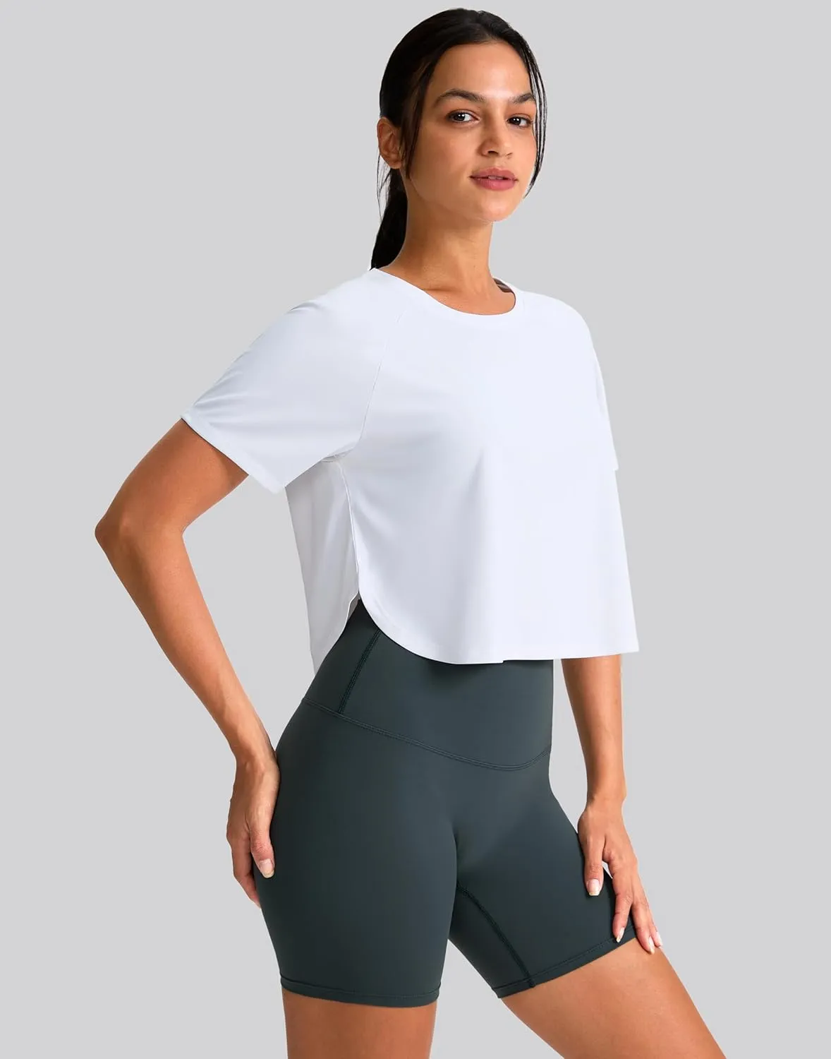 SANTINY Workout Crop Tops for Women Short Sleeve Athletic Shirts Cropped T-Shirt Yoga Gym Tops with Split Hem