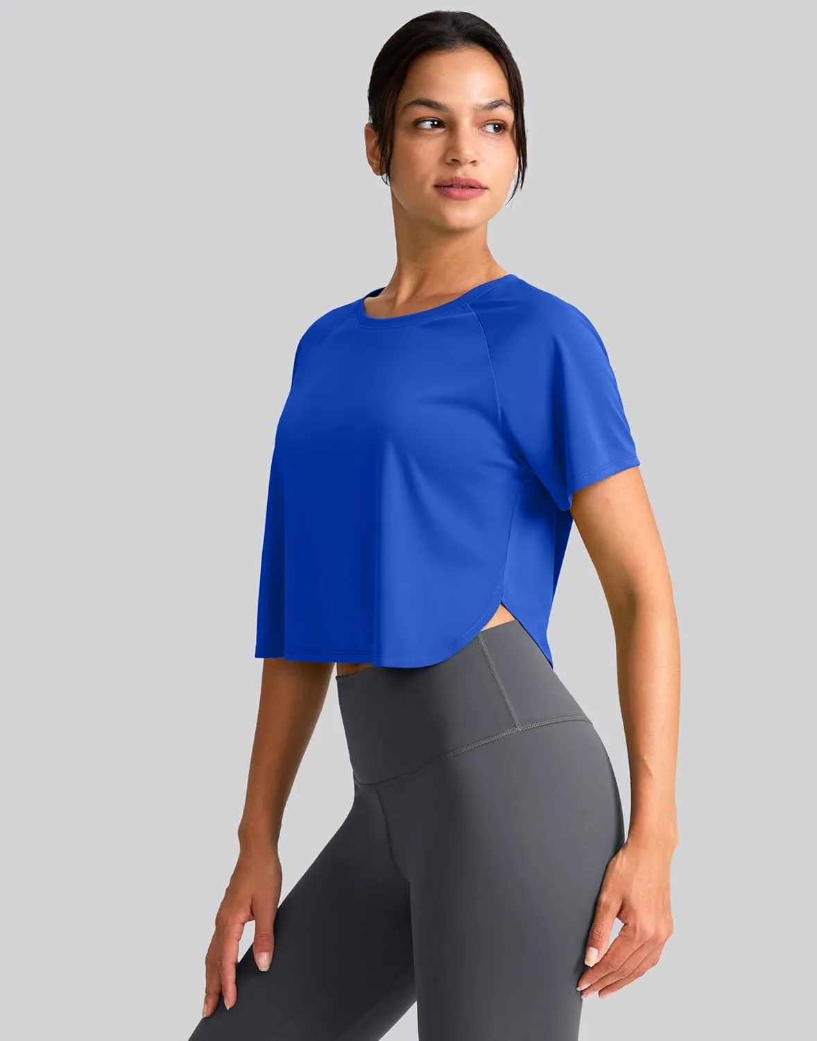 SANTINY Workout Crop Tops for Women Short Sleeve Athletic Shirts Cropped T-Shirt Yoga Gym Tops with Split Hem
