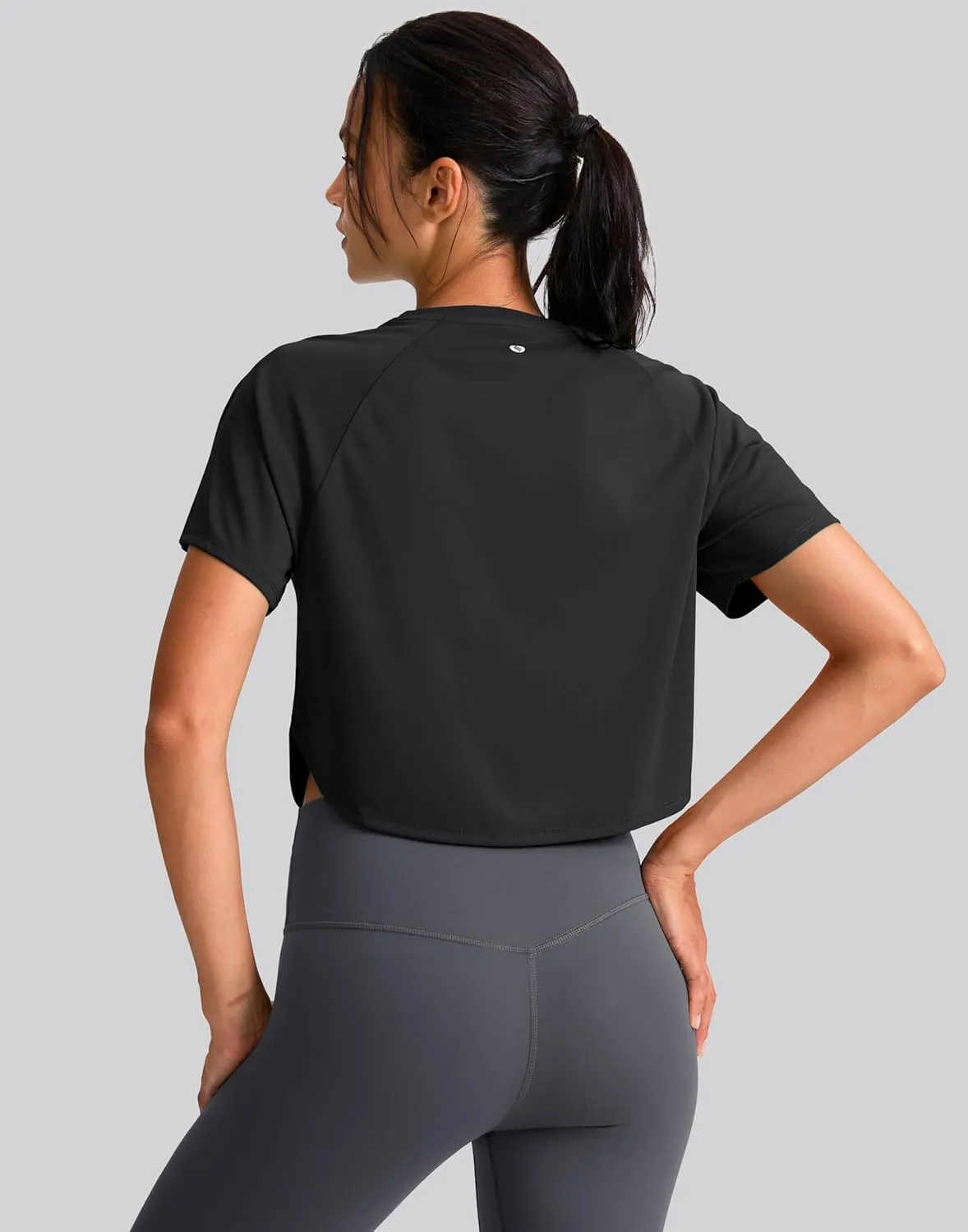 SANTINY Workout Crop Tops for Women Short Sleeve Athletic Shirts Cropped T-Shirt Yoga Gym Tops with Split Hem