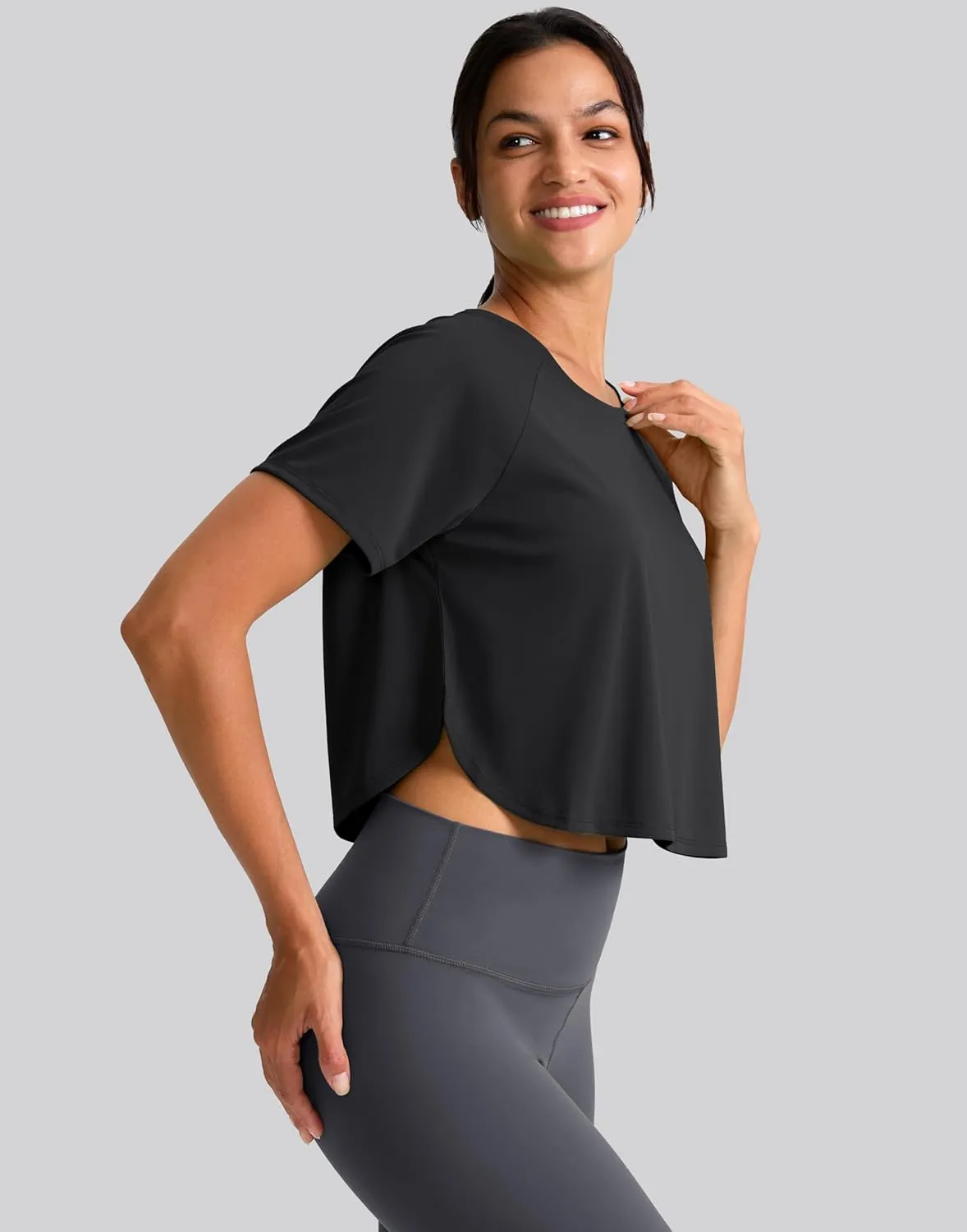 SANTINY Workout Crop Tops for Women Short Sleeve Athletic Shirts Cropped T-Shirt Yoga Gym Tops with Split Hem