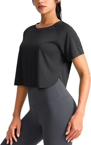 SANTINY Workout Crop Tops for Women Short Sleeve Athletic Shirts Cropped T-Shirt Yoga Gym Tops with Split Hem
