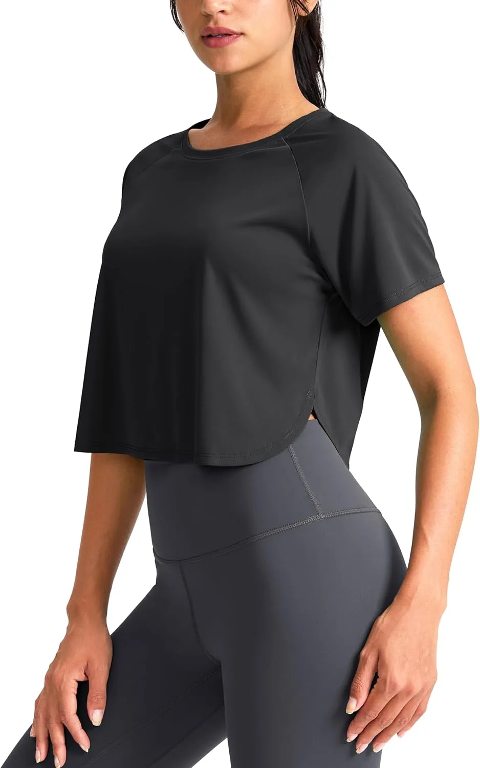 SANTINY Workout Crop Tops for Women Short Sleeve Athletic Shirts Cropped T-Shirt Yoga Gym Tops with Split Hem