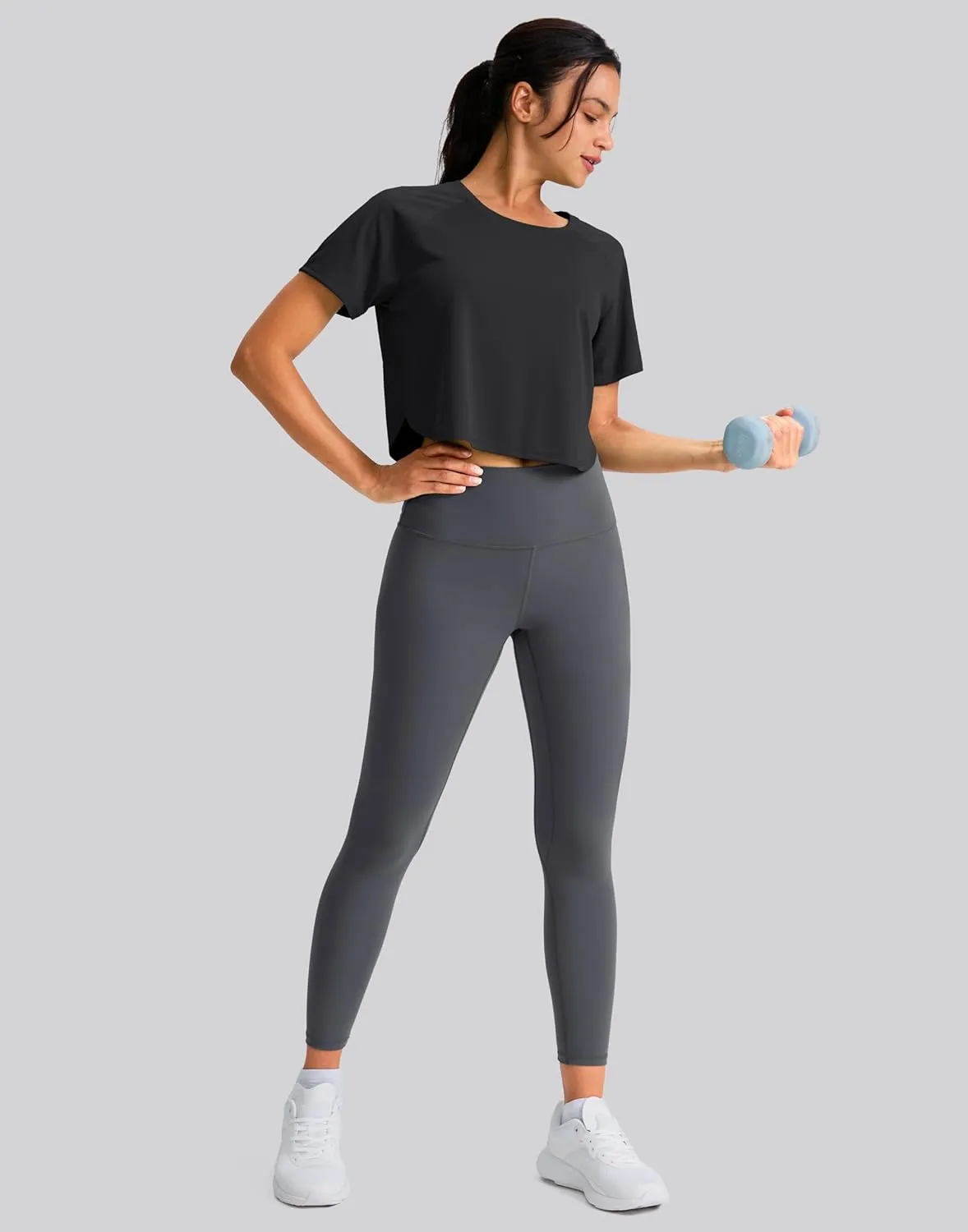 SANTINY Workout Crop Tops for Women Short Sleeve Athletic Shirts Cropped T-Shirt Yoga Gym Tops with Split Hem
