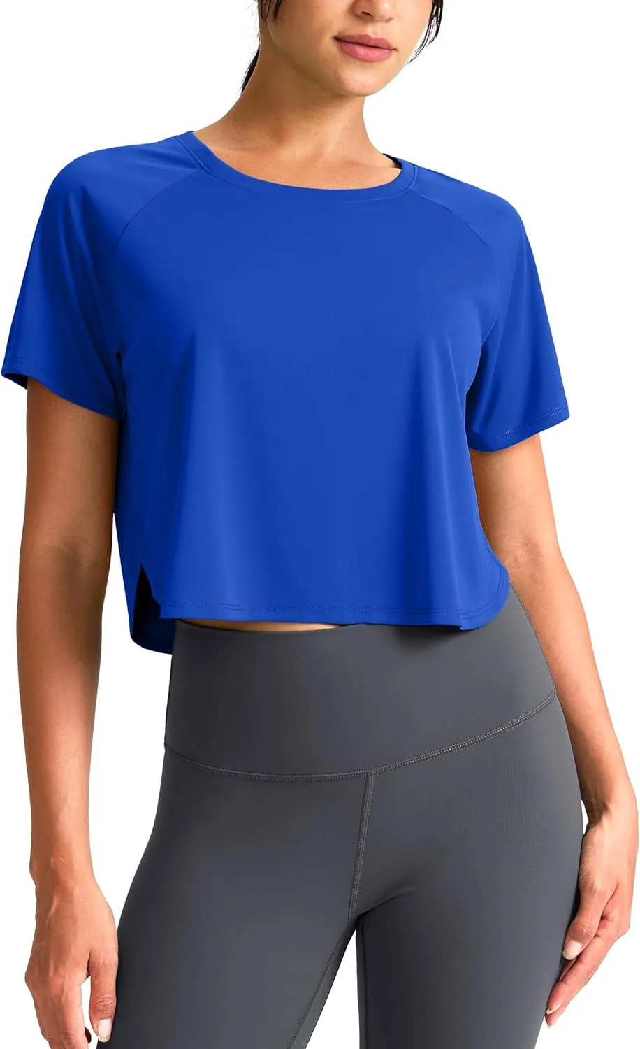 SANTINY Workout Crop Tops for Women Short Sleeve Athletic Shirts Cropped T-Shirt Yoga Gym Tops with Split Hem