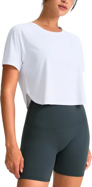 SANTINY Workout Crop Tops for Women Short Sleeve Athletic Shirts Cropped T-Shirt Yoga Gym Tops with Split Hem
