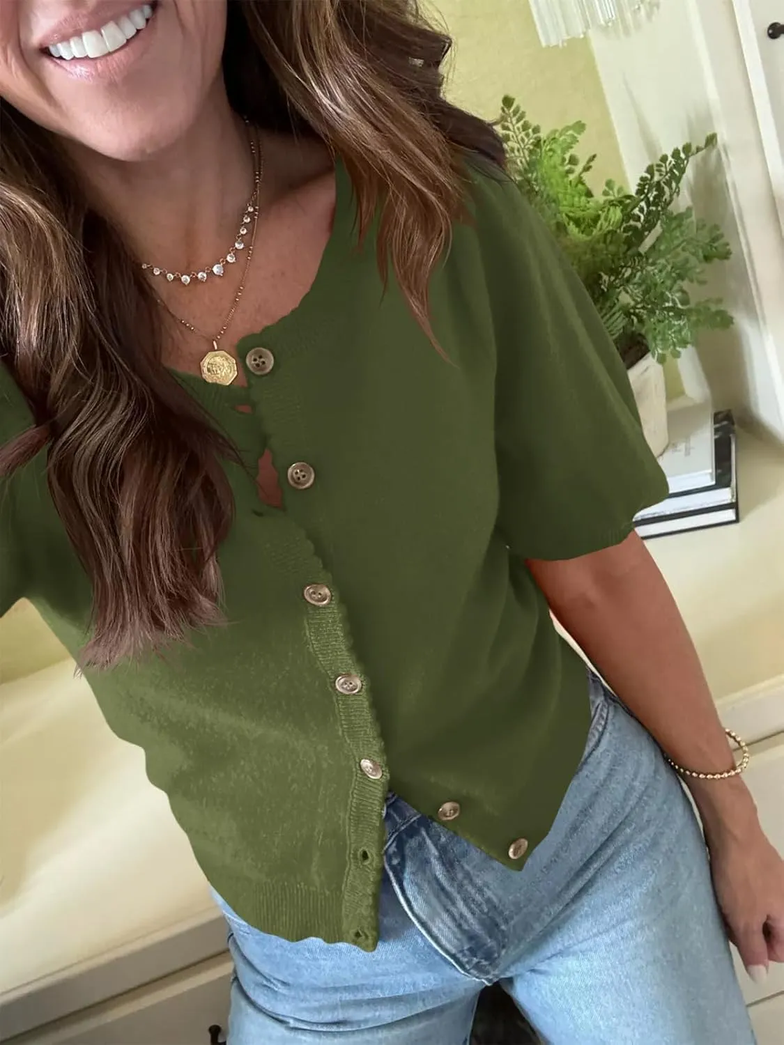 Saodimallsu Womens Puff Short Sleeve Cardigan Lightweight Summer Button Down Shirts Knit Crew Neck Sweater Tops