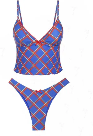 seamoly Lace Jacquard Bowknot Decor Ruffles Tankini Set