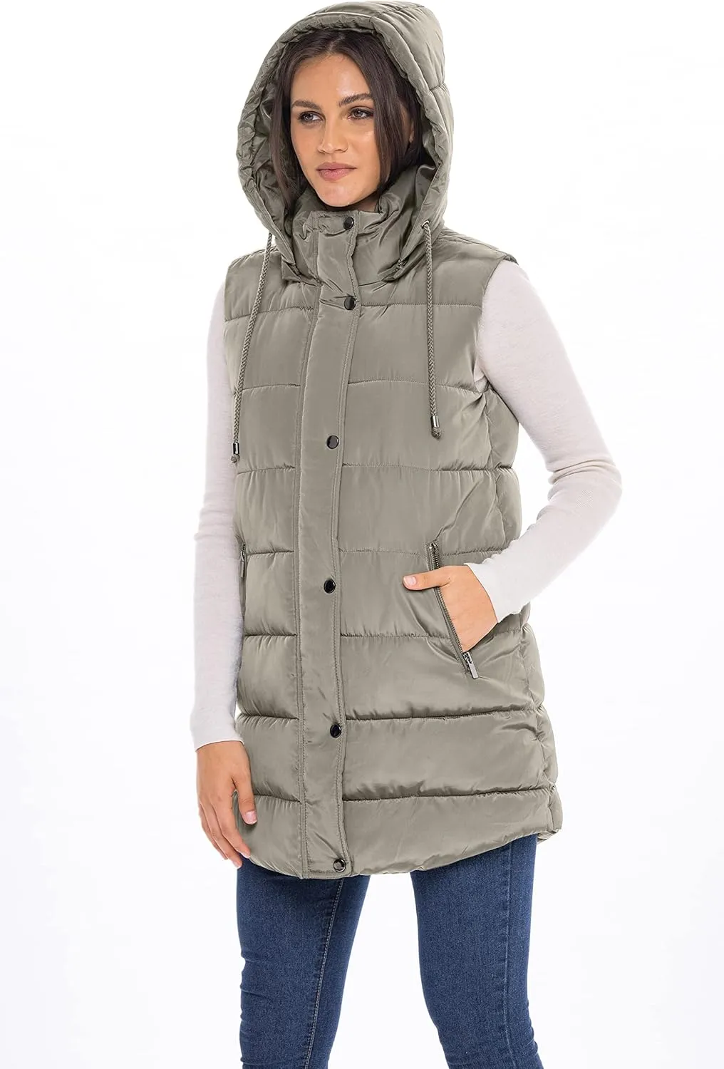 Sebby S.E.B Women's Long Puffer Vest, Quilted Faux Down Filled Hooded Vest for Fall and Winter