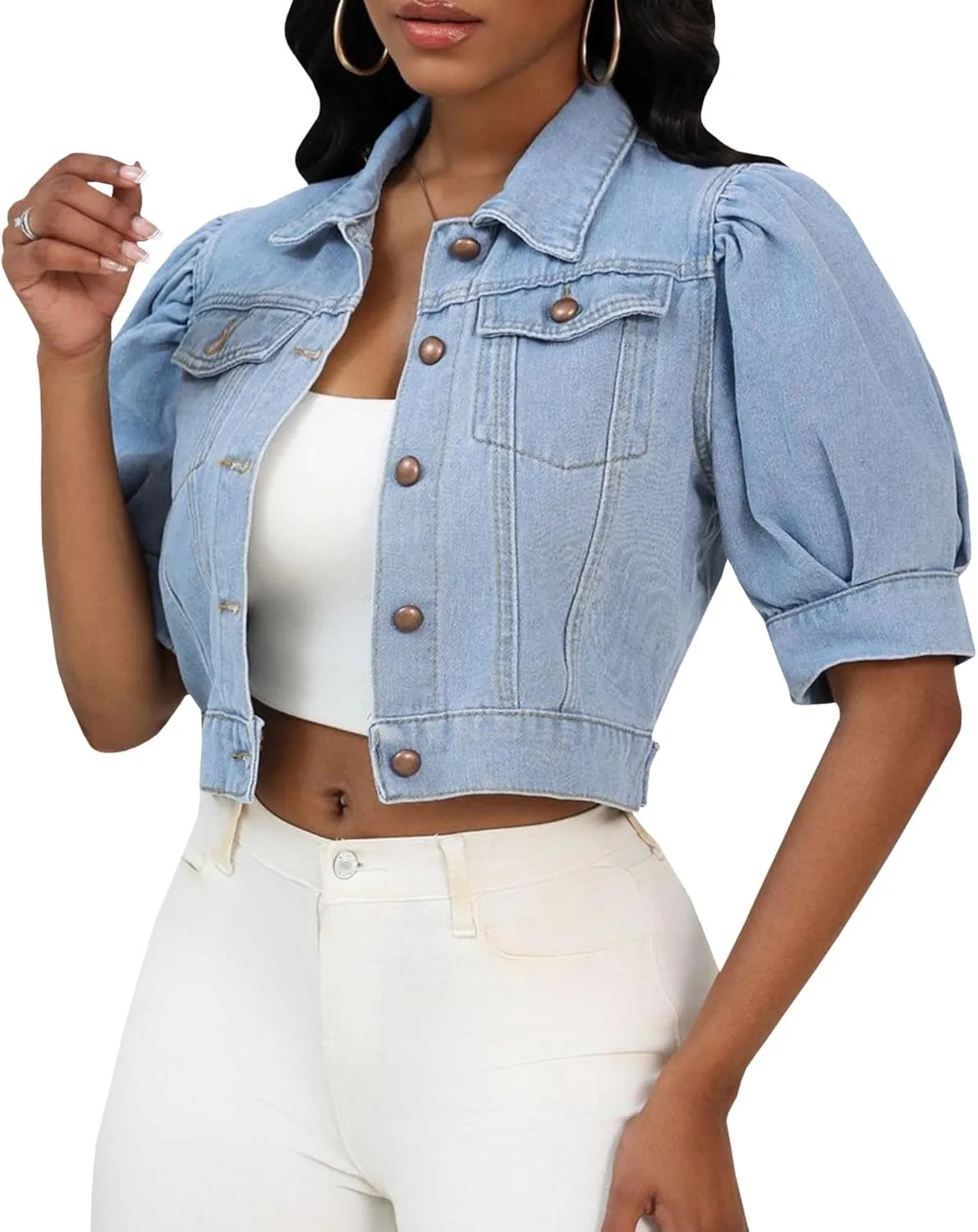SEMATOMALA Women's Croppped Jean Jacket Puff Short Sleeve Button Down Denim Coat Crop Top Outerwear