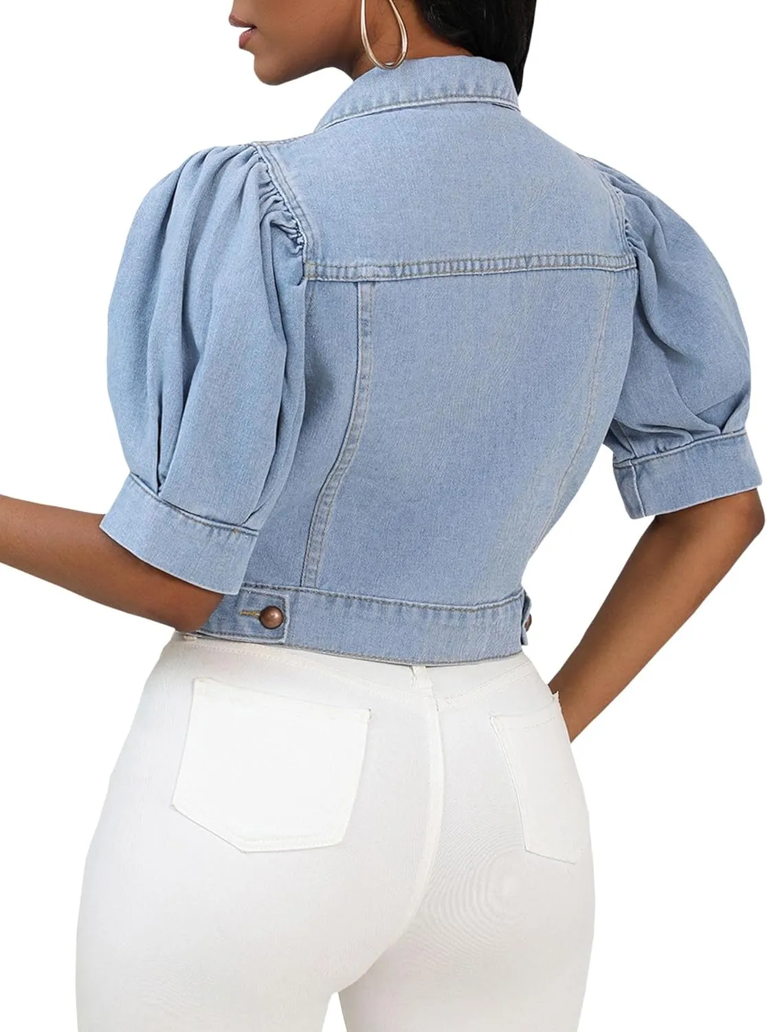 SEMATOMALA Women's Croppped Jean Jacket Puff Short Sleeve Button Down Denim Coat Crop Top Outerwear