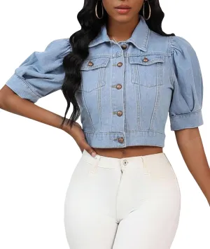 SEMATOMALA Women's Croppped Jean Jacket Puff Short Sleeve Button Down Denim Coat Crop Top Outerwear