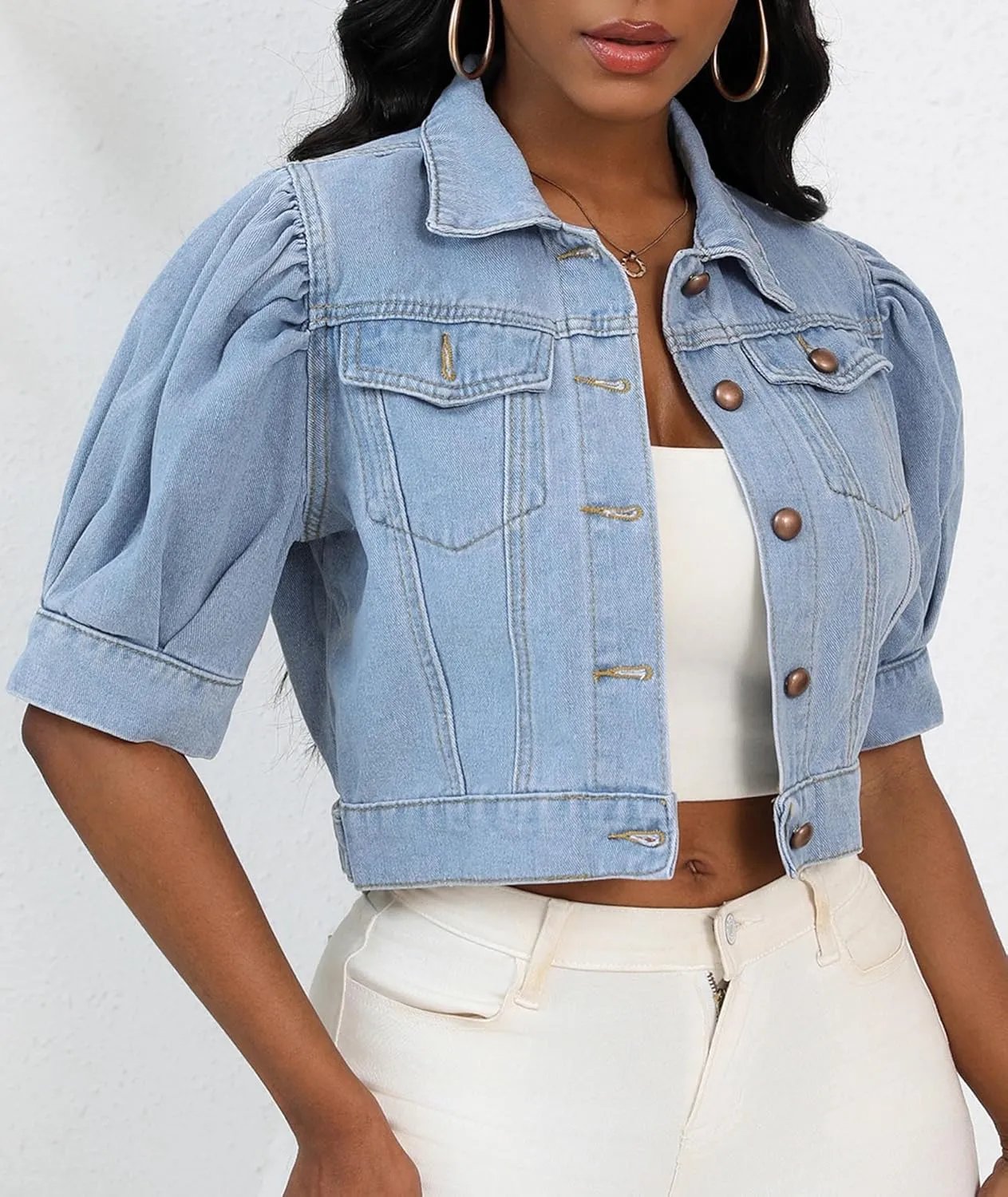 SEMATOMALA Women's Croppped Jean Jacket Puff Short Sleeve Button Down Denim Coat Crop Top Outerwear