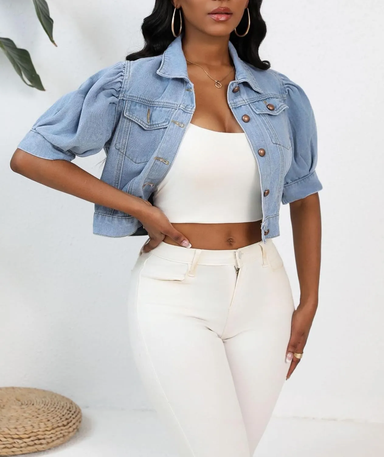 SEMATOMALA Women's Croppped Jean Jacket Puff Short Sleeve Button Down Denim Coat Crop Top Outerwear