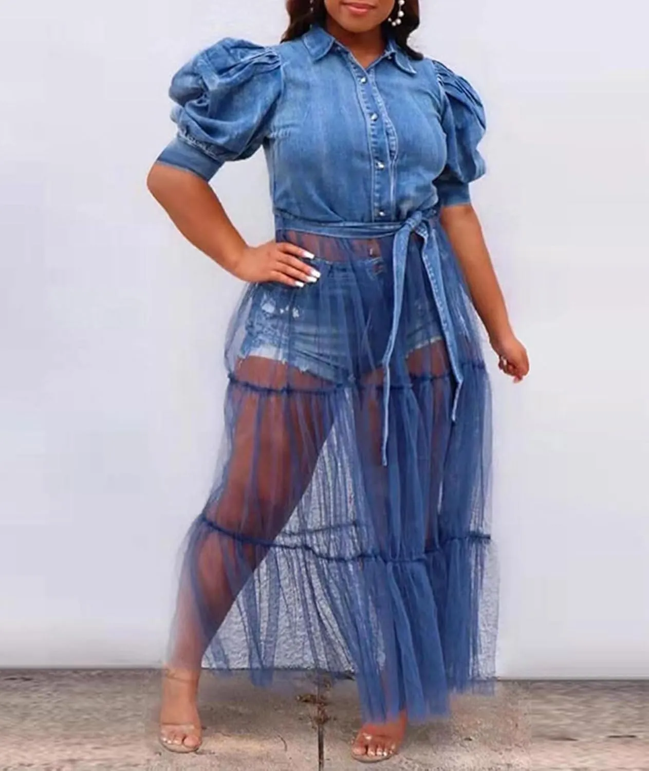 SEMATOMALA Women's Denim Blouse Top Mesh Dress Puffy Short Sleeve Jeans Jacket Patchwork Sheer Maxi Dress BE-S