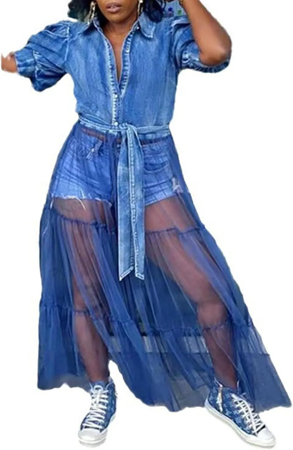 SEMATOMALA Women's Denim Blouse Top Mesh Dress Puffy Short Sleeve Jeans Jacket Patchwork Sheer Maxi Dress BE-S