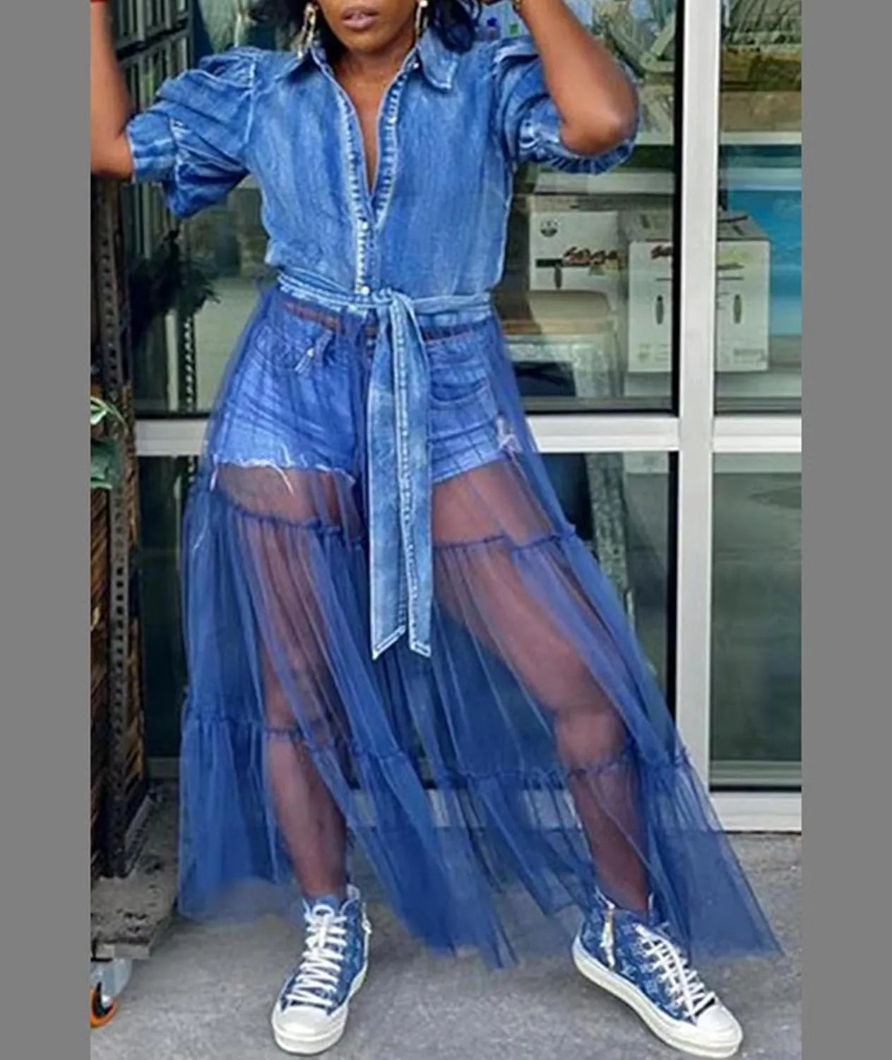 SEMATOMALA Women's Denim Blouse Top Mesh Dress Puffy Short Sleeve Jeans Jacket Patchwork Sheer Maxi Dress BE-S