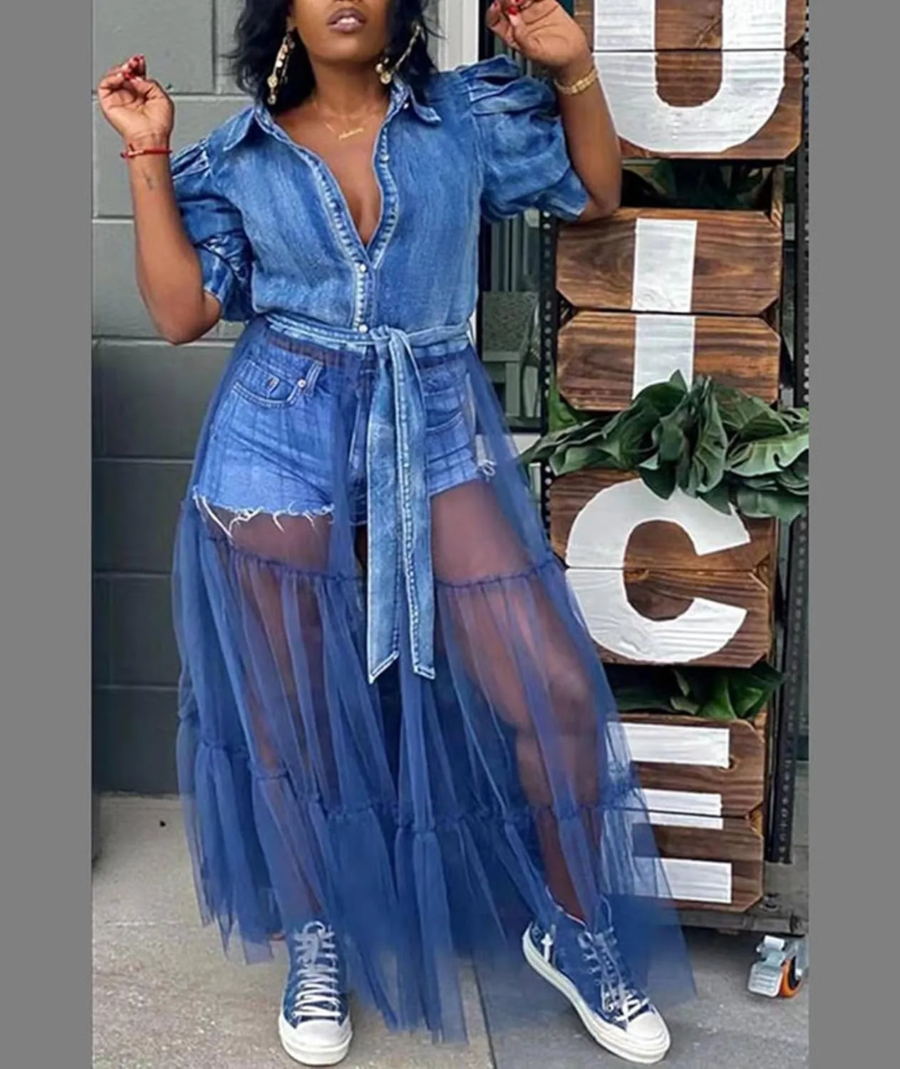 SEMATOMALA Women's Denim Blouse Top Mesh Dress Puffy Short Sleeve Jeans Jacket Patchwork Sheer Maxi Dress BE-S