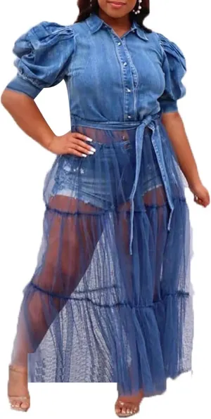 SEMATOMALA Women's Denim Blouse Top Mesh Dress Puffy Short Sleeve Jeans Jacket Patchwork Sheer Maxi Dress BE-S