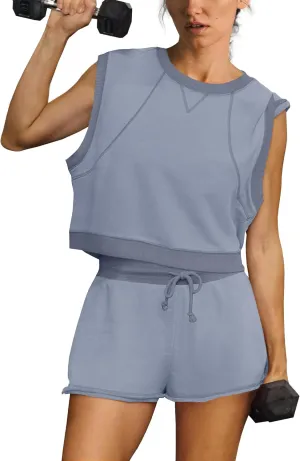 SENSERISE Womens Two Piece Workout Sets Matching Sweat Sets Summer Outfits Oversized Crop Tank Top and Shorts
