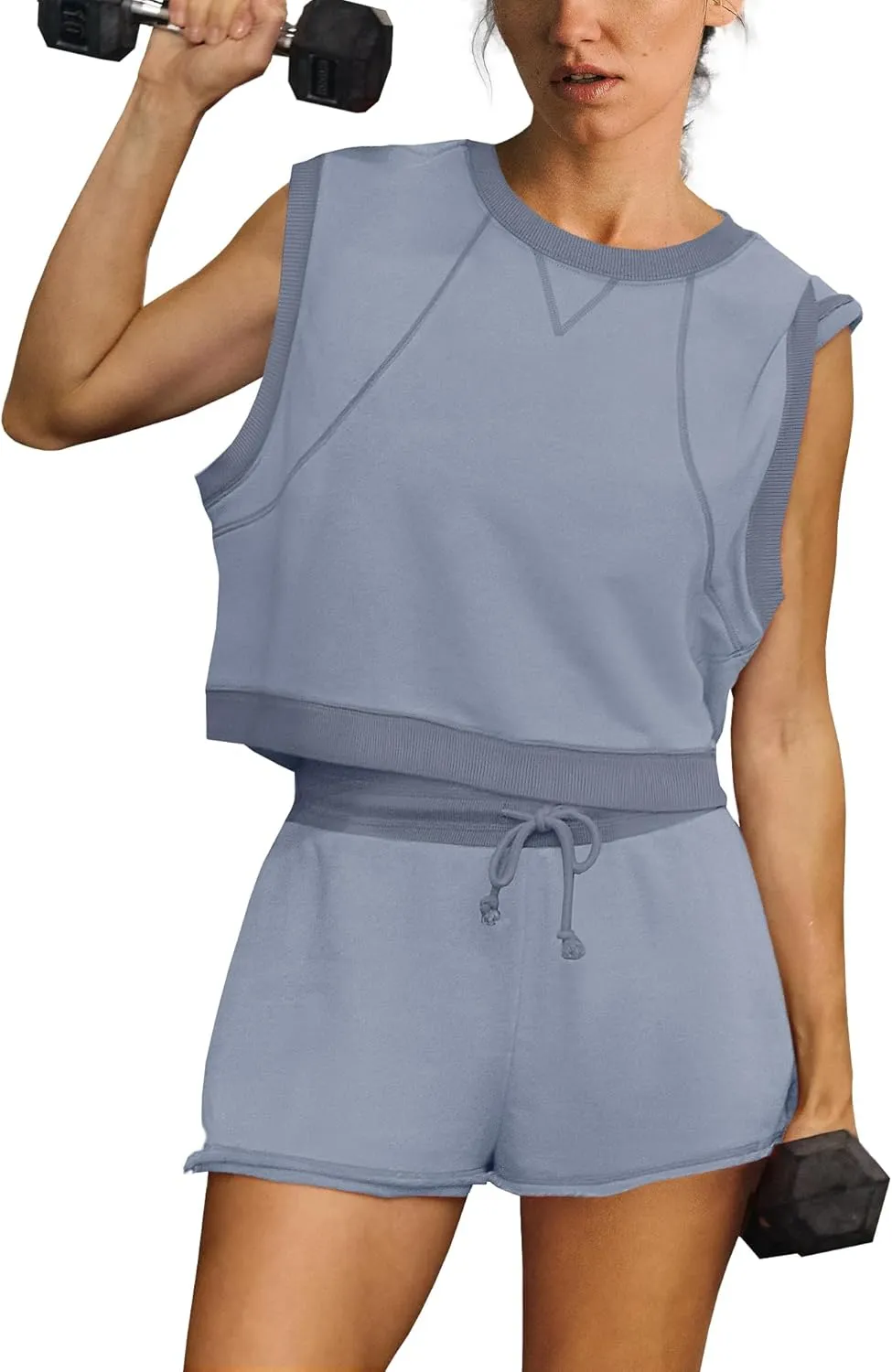 SENSERISE Womens Two Piece Workout Sets Matching Sweat Sets Summer Outfits Oversized Crop Tank Top and Shorts