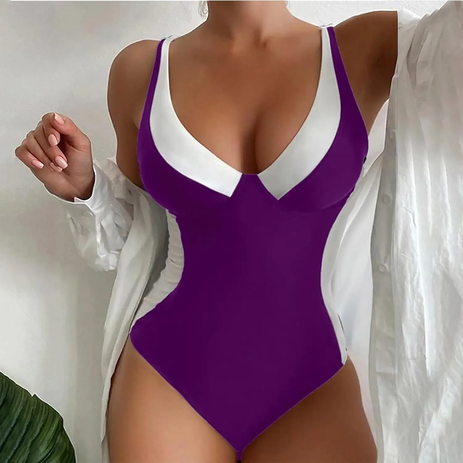 Sexy One Piece Monokinis Bathing Suit Slimming Tummy Control V Neck Swimwear Womens Color Block Sexy Swimsuits