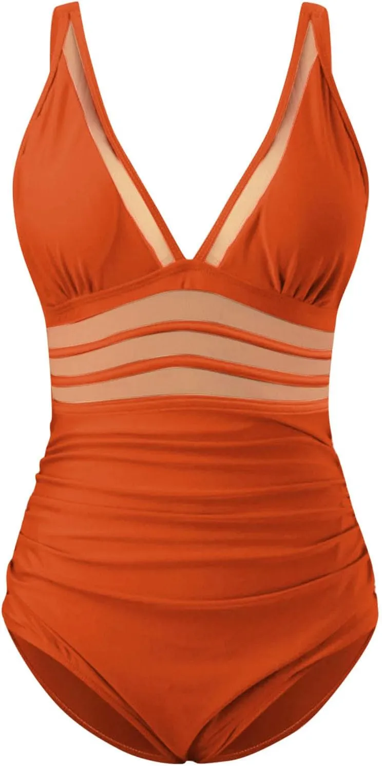 Sexy Swimsuits for Women One Piece Bathing Suit Mesh Swimwear Deep V Push Up Simming Suit Tummy Control Monokini