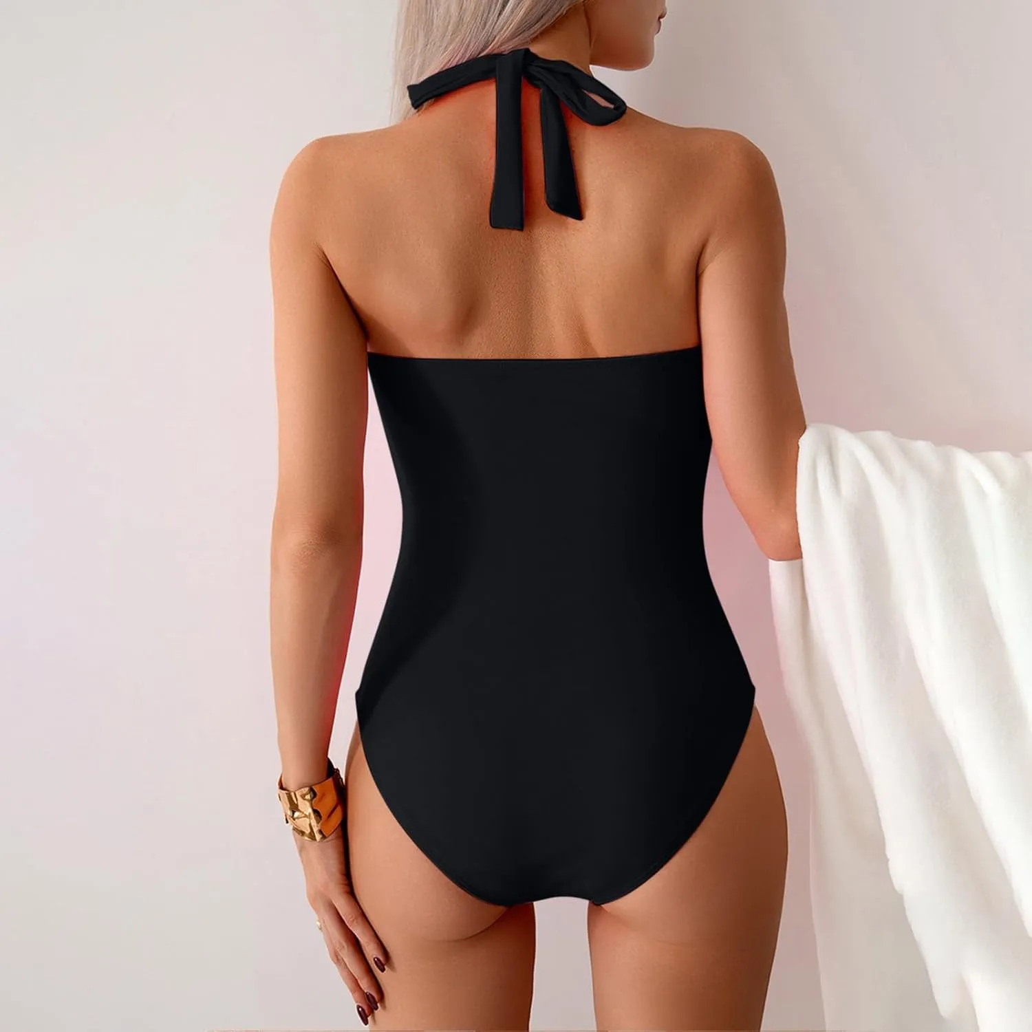 Sexy Twist Knot Halter V Neck Swimsuits Women One Piece Shirred Tummy Control Bathing Suits Beach High Cut Swim Wear