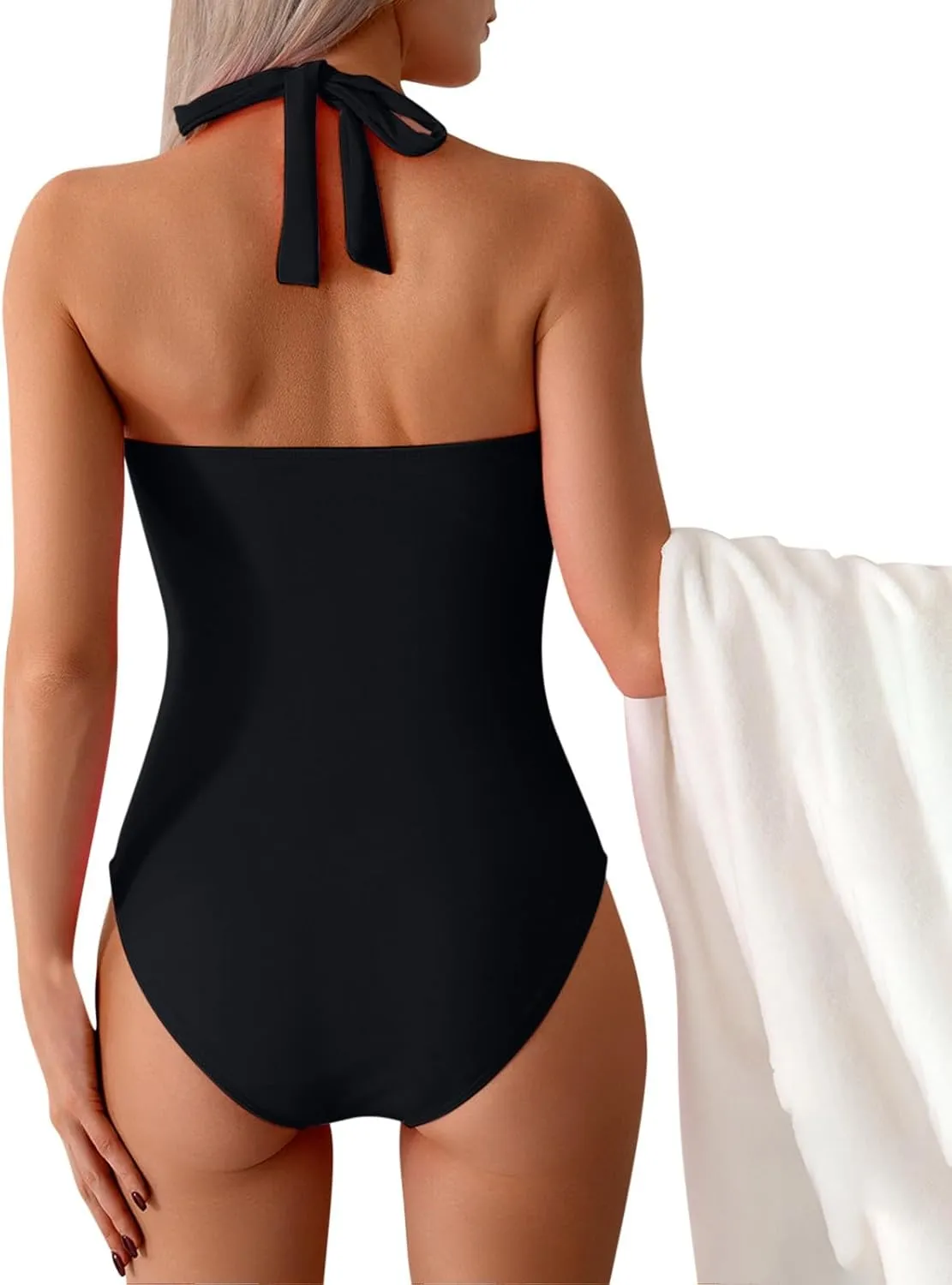 Sexy Twist Knot Halter V Neck Swimsuits Women One Piece Shirred Tummy Control Bathing Suits Beach High Cut Swim Wear