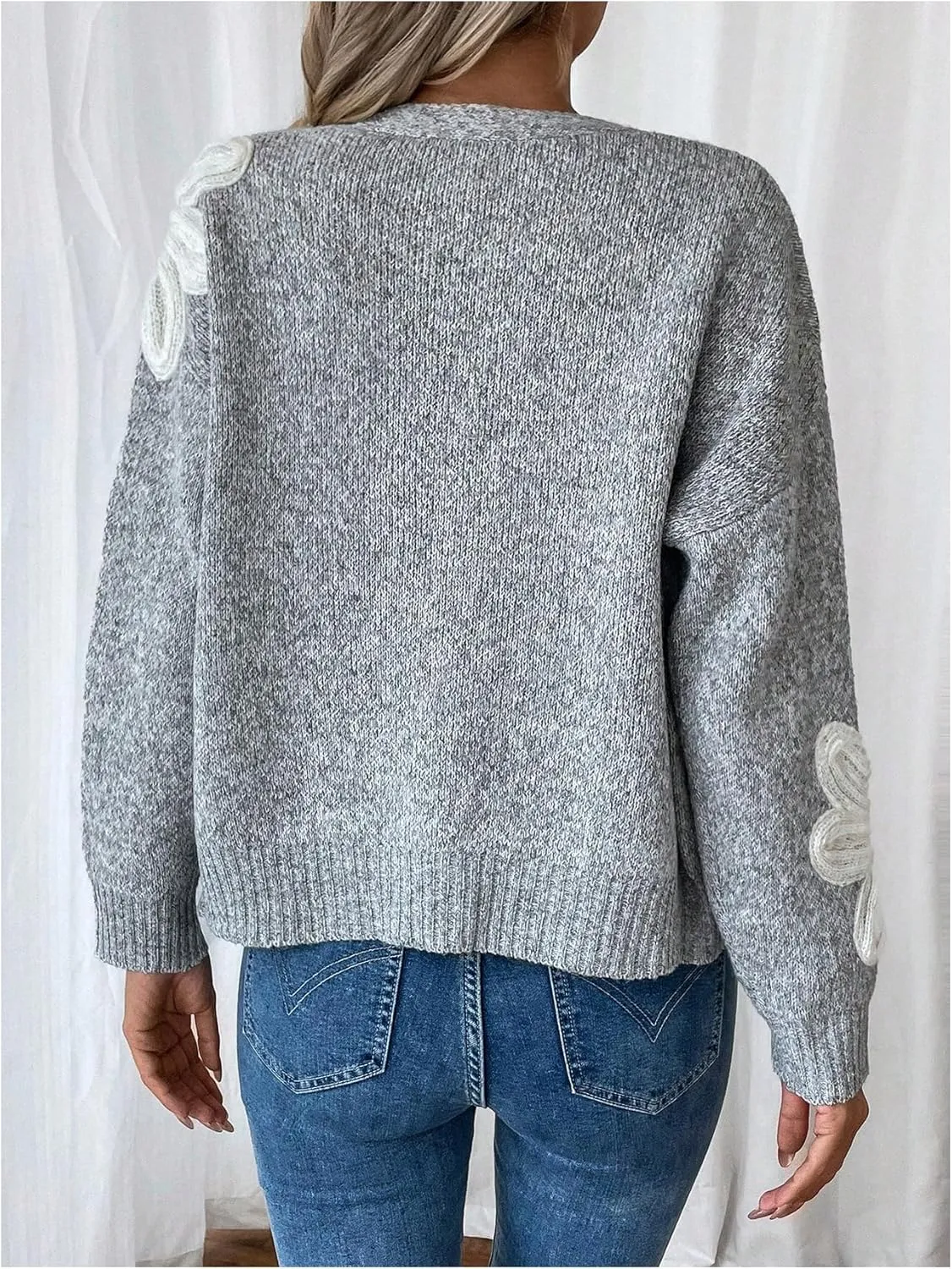 SHENHE Women's Flora V Neck Button Down Cardigan Drop Shoulder Elegant Flower Sweater Outerwear