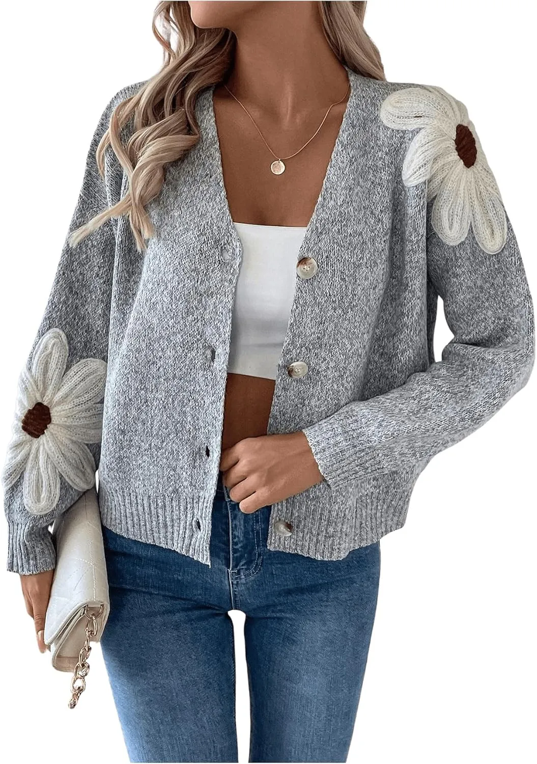 SHENHE Women's Flora V Neck Button Down Cardigan Drop Shoulder Elegant Flower Sweater Outerwear