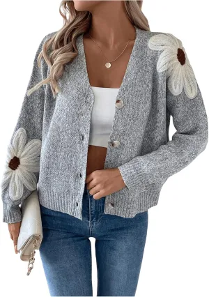 SHENHE Women's Flora V Neck Button Down Cardigan Drop Shoulder Elegant Flower Sweater Outerwear