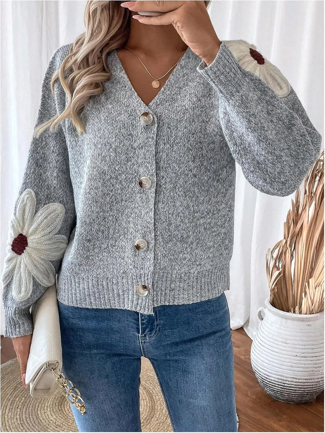 SHENHE Women's Flora V Neck Button Down Cardigan Drop Shoulder Elegant Flower Sweater Outerwear