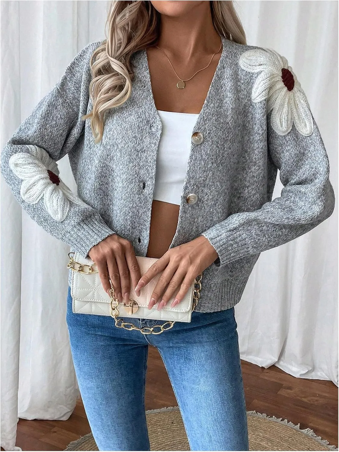SHENHE Women's Flora V Neck Button Down Cardigan Drop Shoulder Elegant Flower Sweater Outerwear