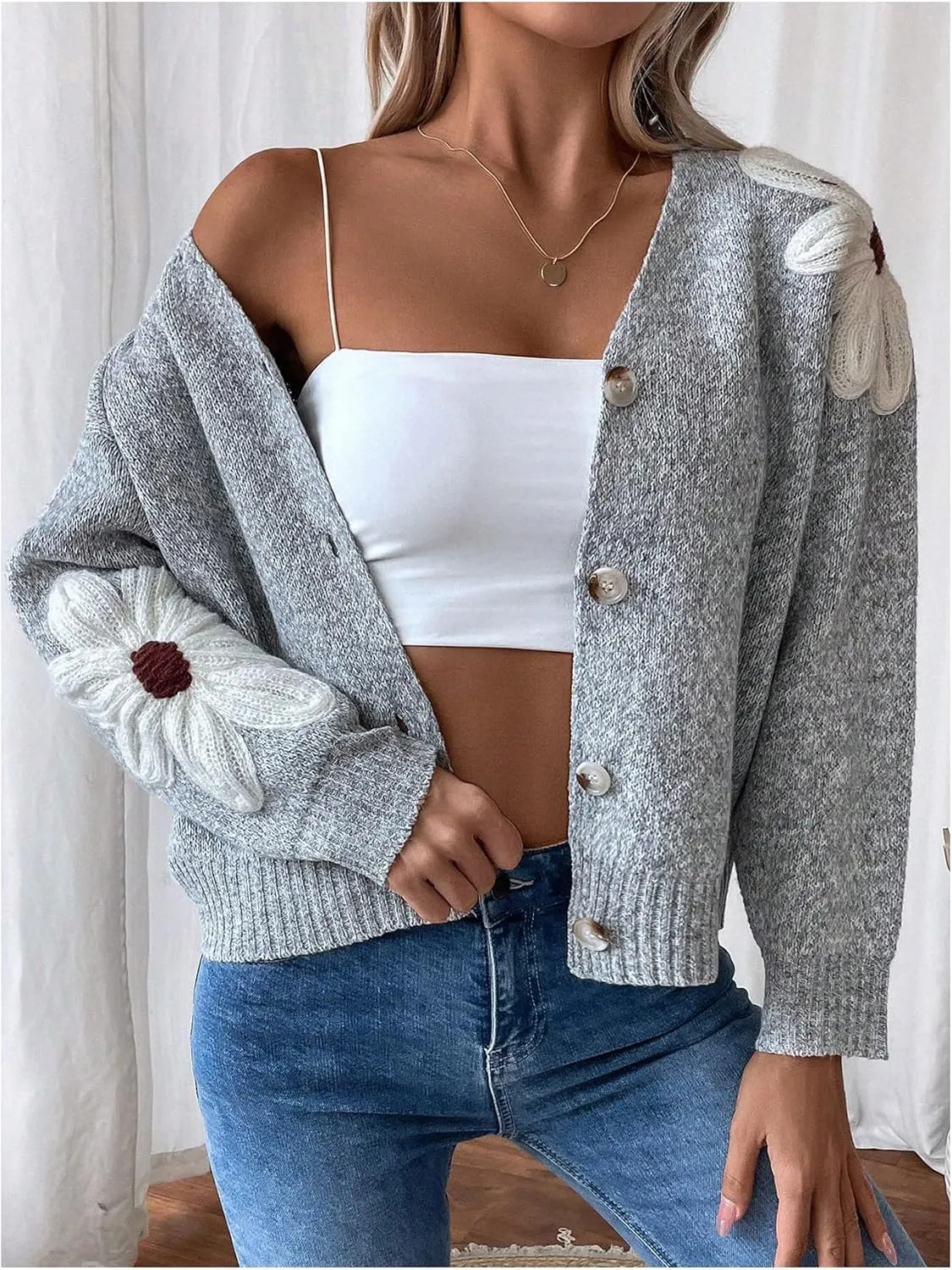 SHENHE Women's Flora V Neck Button Down Cardigan Drop Shoulder Elegant Flower Sweater Outerwear
