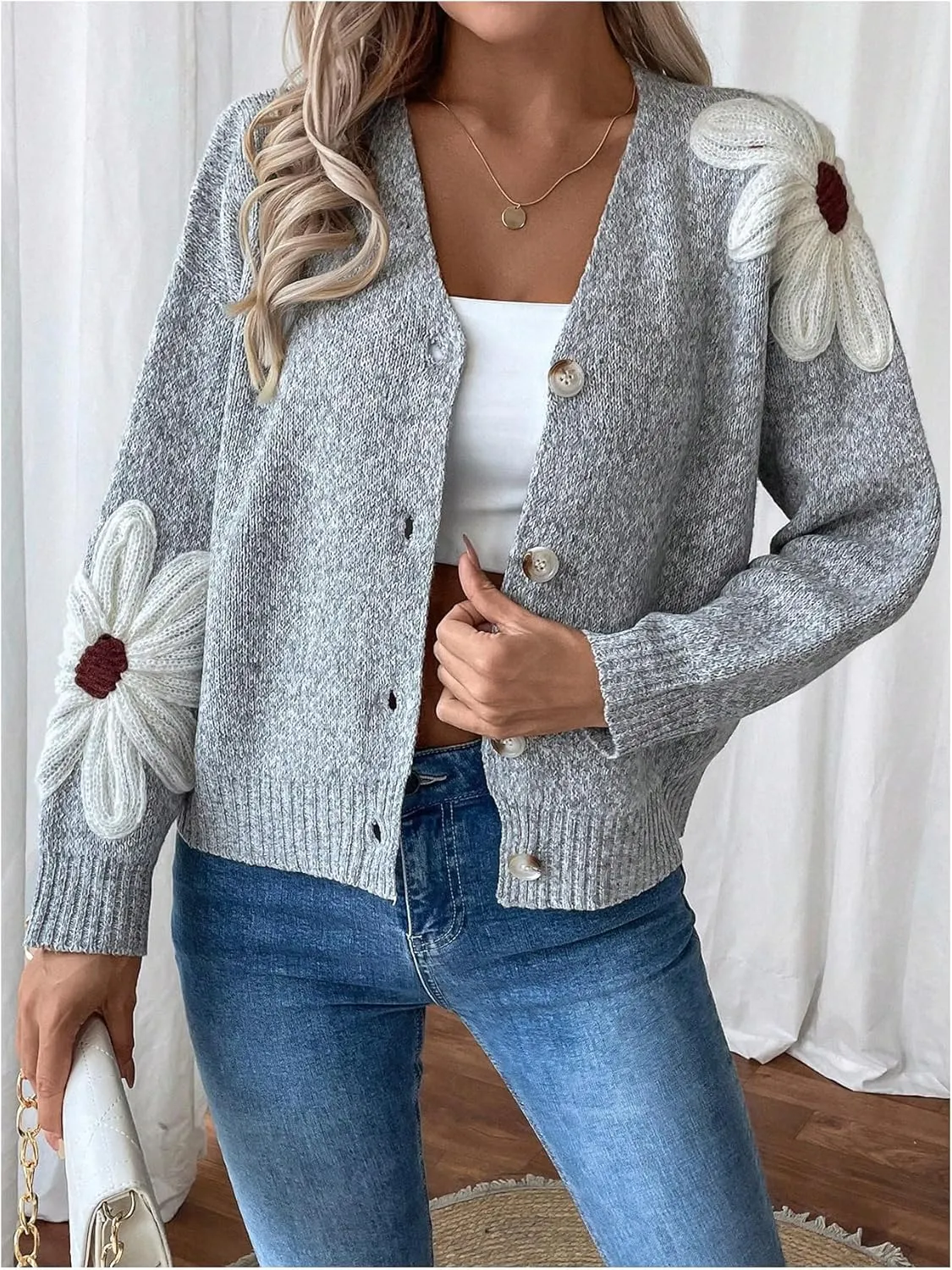 SHENHE Women's Flora V Neck Button Down Cardigan Drop Shoulder Elegant Flower Sweater Outerwear
