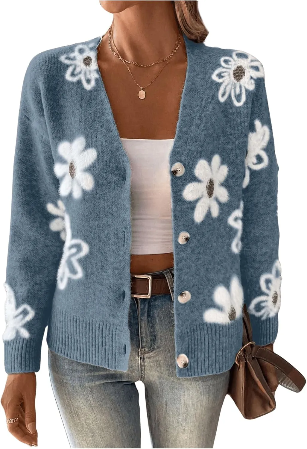 SHENHE Women's Floral Print Button Down Cardigan V Neck Drop Shoulder Knit Outerwear