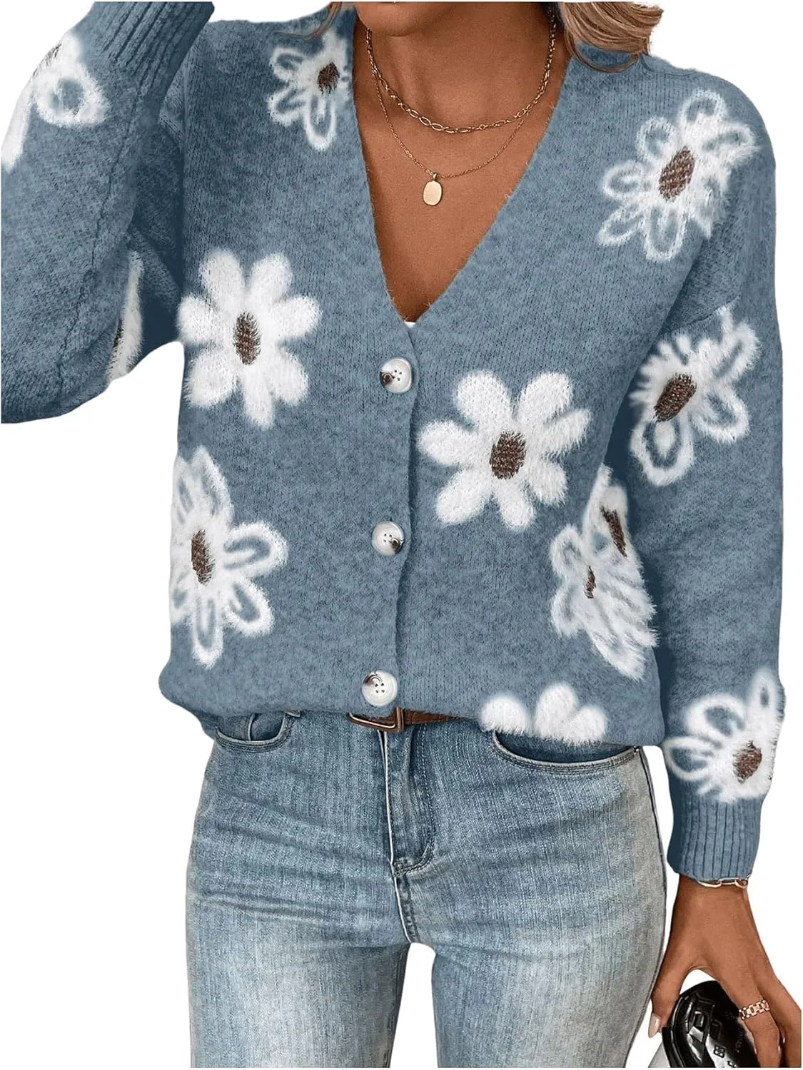 SHENHE Women's Floral Print Button Down Cardigan V Neck Drop Shoulder Knit Outerwear