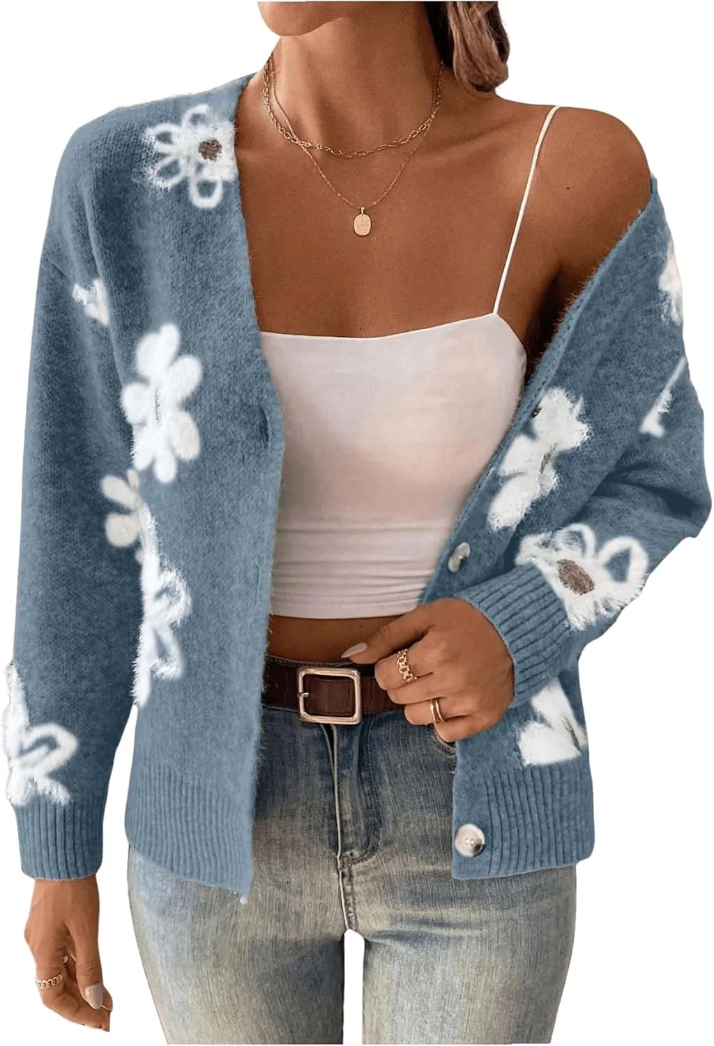 SHENHE Women's Floral Print Button Down Cardigan V Neck Drop Shoulder Knit Outerwear