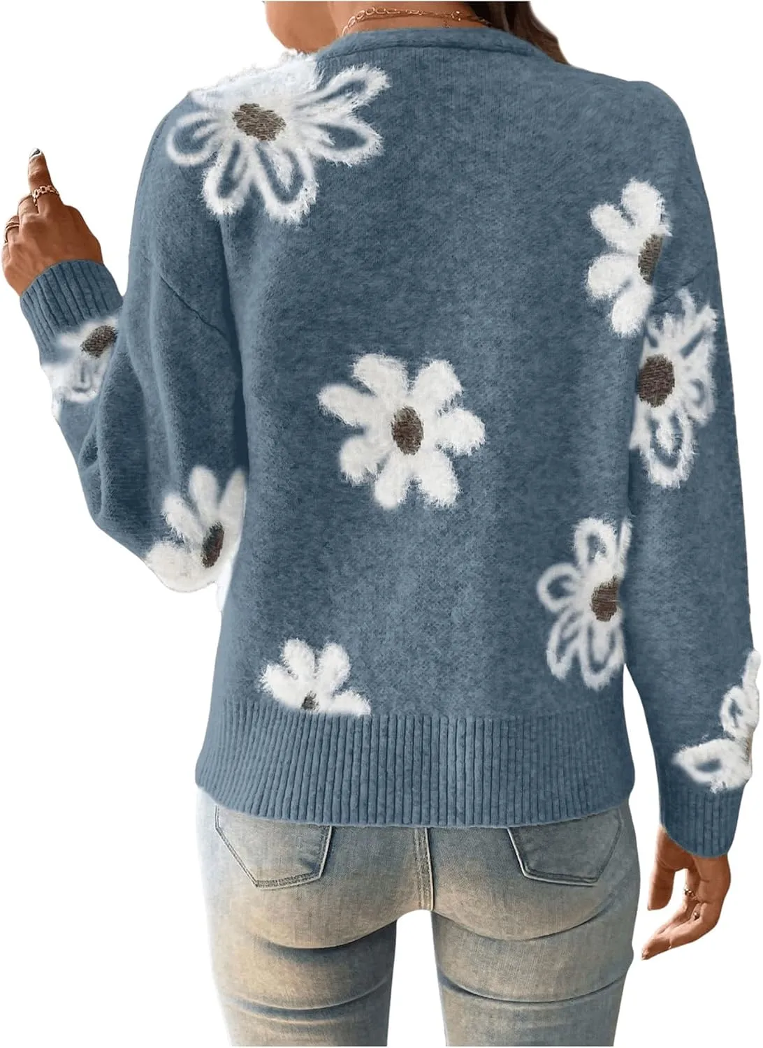 SHENHE Women's Floral Print Button Down Cardigan V Neck Drop Shoulder Knit Outerwear