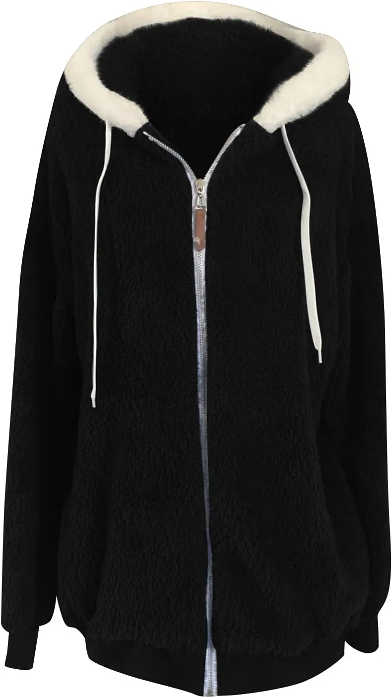 Sherpa Jacket Women Winter Warm Fleece Jackets Oversized Faux Fuzzy Zip up Hoodie Fluffy Outerwear with Pockets
