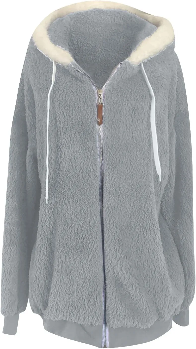 Sherpa Jacket Women Winter Warm Fleece Jackets Oversized Faux Fuzzy Zip up Hoodie Fluffy Outerwear with Pockets