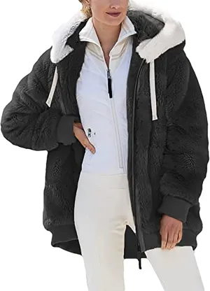 Sherpa Jacket Women Winter Warm Fleece Jackets Oversized Faux Fuzzy Zip up Hoodie Fluffy Outerwear with Pockets