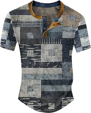 Shirts Men Short Sleeved Casual Top Striped Plaid Retro Western Denim Print Button Men's T Shirt Top Mens Golf Black