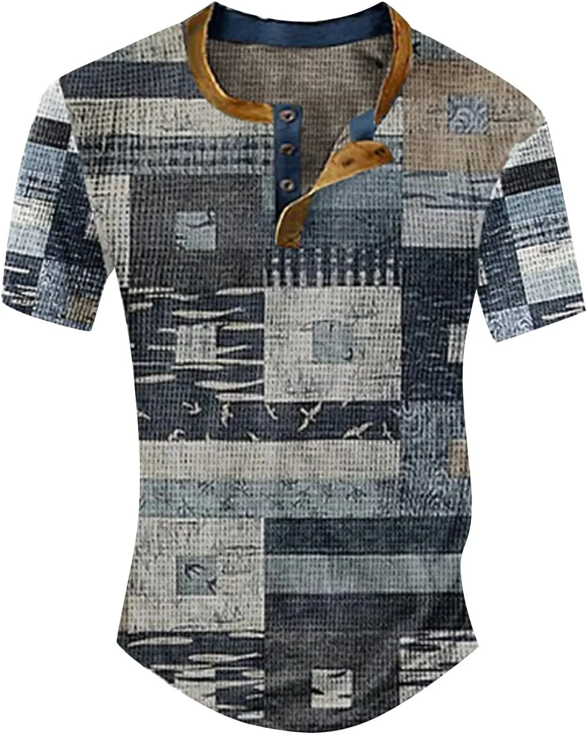 Shirts Men Short Sleeved Casual Top Striped Plaid Retro Western Denim Print Button Men's T Shirt Top Mens Golf Black