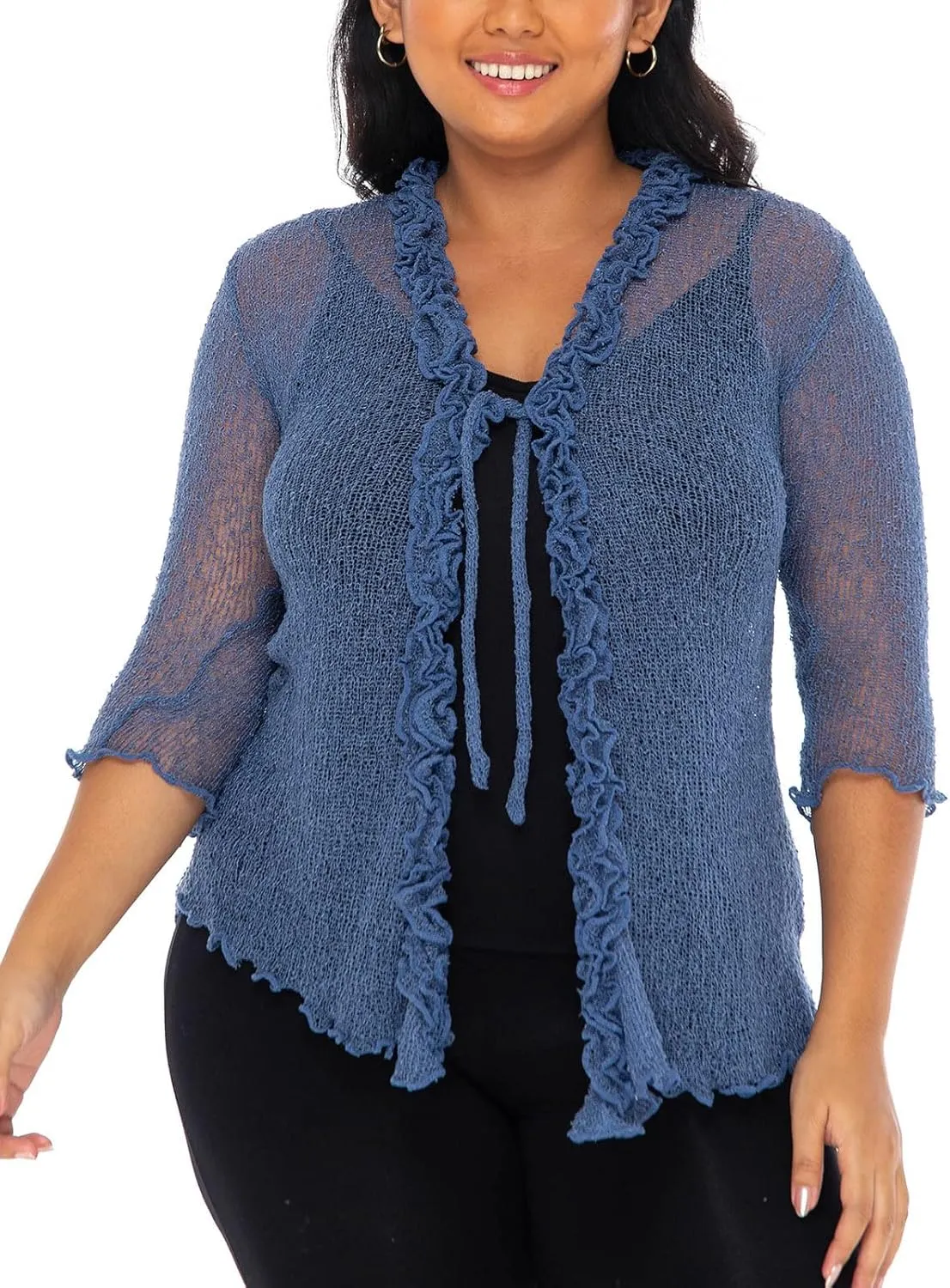 SHU-SHI Womens Plus Size Ruffle Shrug Tie Top Open Front Cardigan Lightweight Knit XL 2X 3X 4X Bolero Sweater